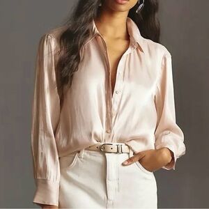 Anthropologie Blush Satin Button Down Blouse XS Fits Like Small